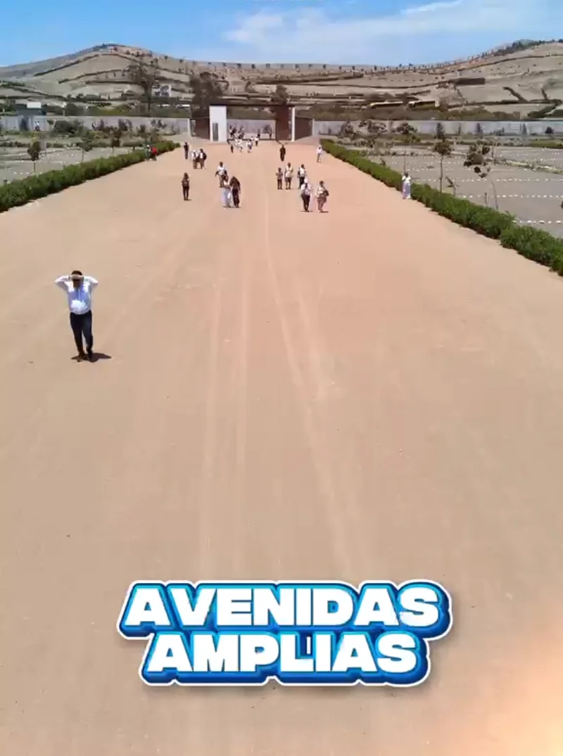 Avenida principal de acceso a Praderas Costa Azul, con visitantes durante un recorrido